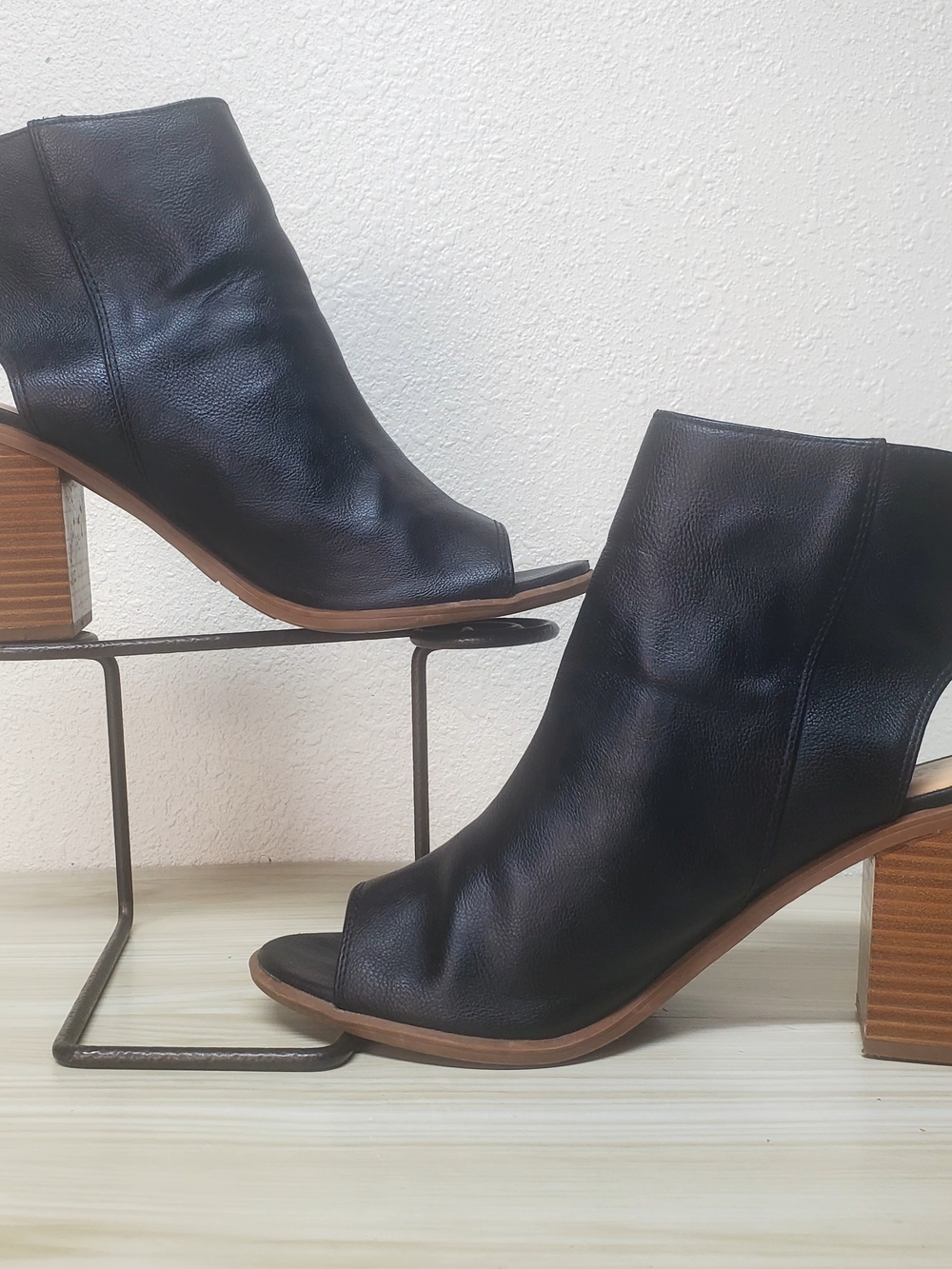Circus by Sam Edelman Black Leather Peep-Toe Block Heel Ankle Boots - Picture 9 of 14